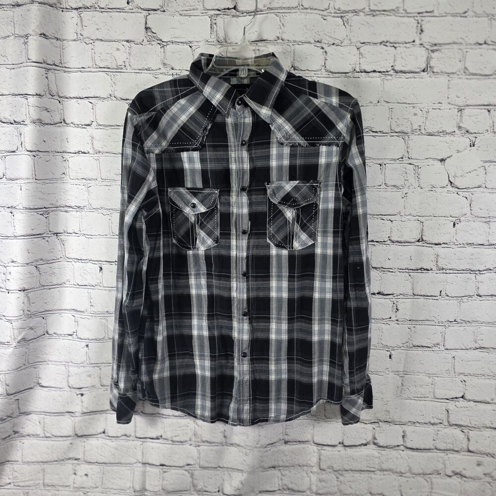 BKE Pearl Snap Western Shirt Mens Medium Slim Fit Black Plaid Long Sleeve
